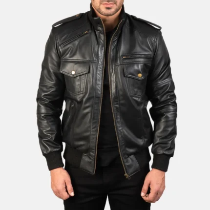 Agent Shadow Black Leather Bomber Jacket-reviseleather