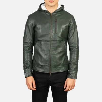 Baston Green Hooded Leather Bomber Jacket-reviseleather