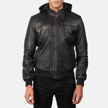 Bouncer Biz Black Leather Bomber Jacket-reviseleather