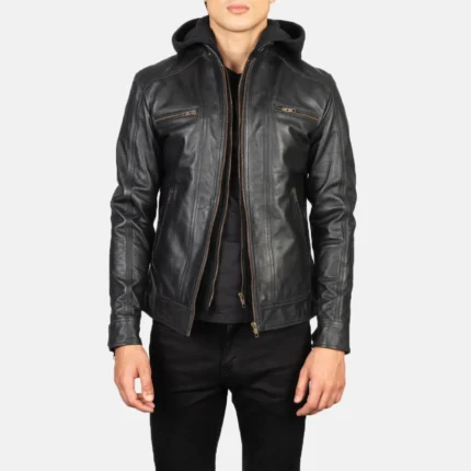 Hector Black Hooded Leather Biker Jacket-reviseleather