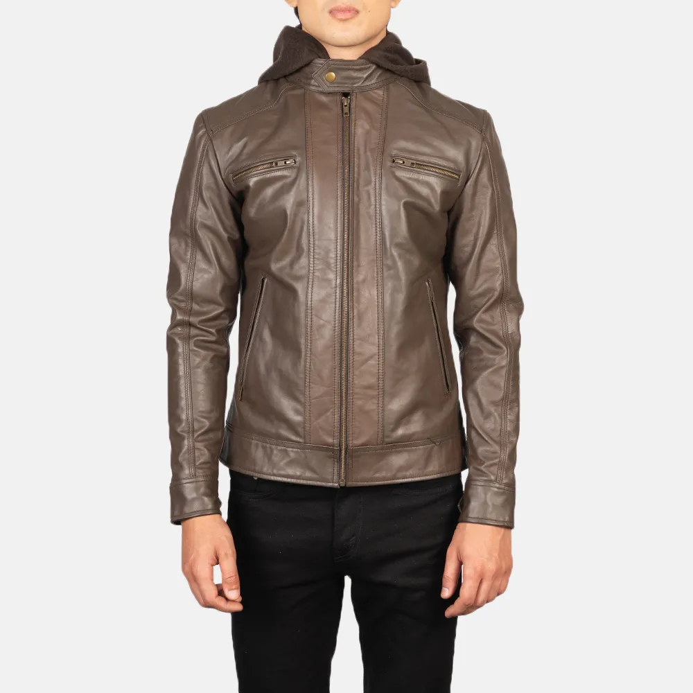 Hector Brown Hooded Leather Biker Jacket-reviseleather