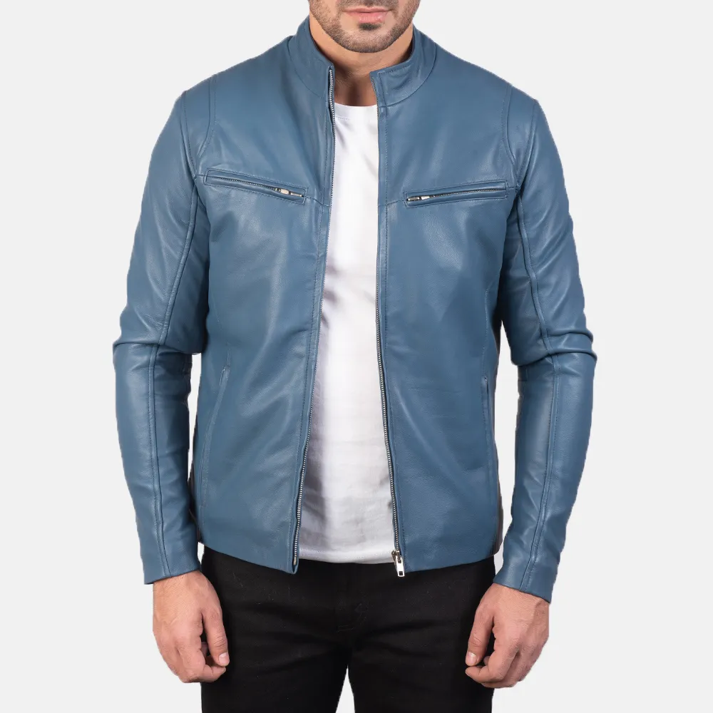 Ionic Blue Leather Biker Jacket-reviseleather
