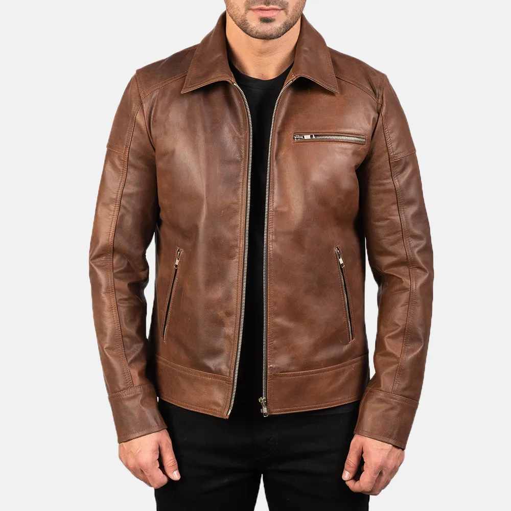 Lavendard Brown Leather Biker Jacket-reviseleather