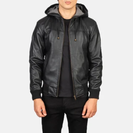 Nintenzo Black Hooded Leather Bomber Jacket-reviseleather