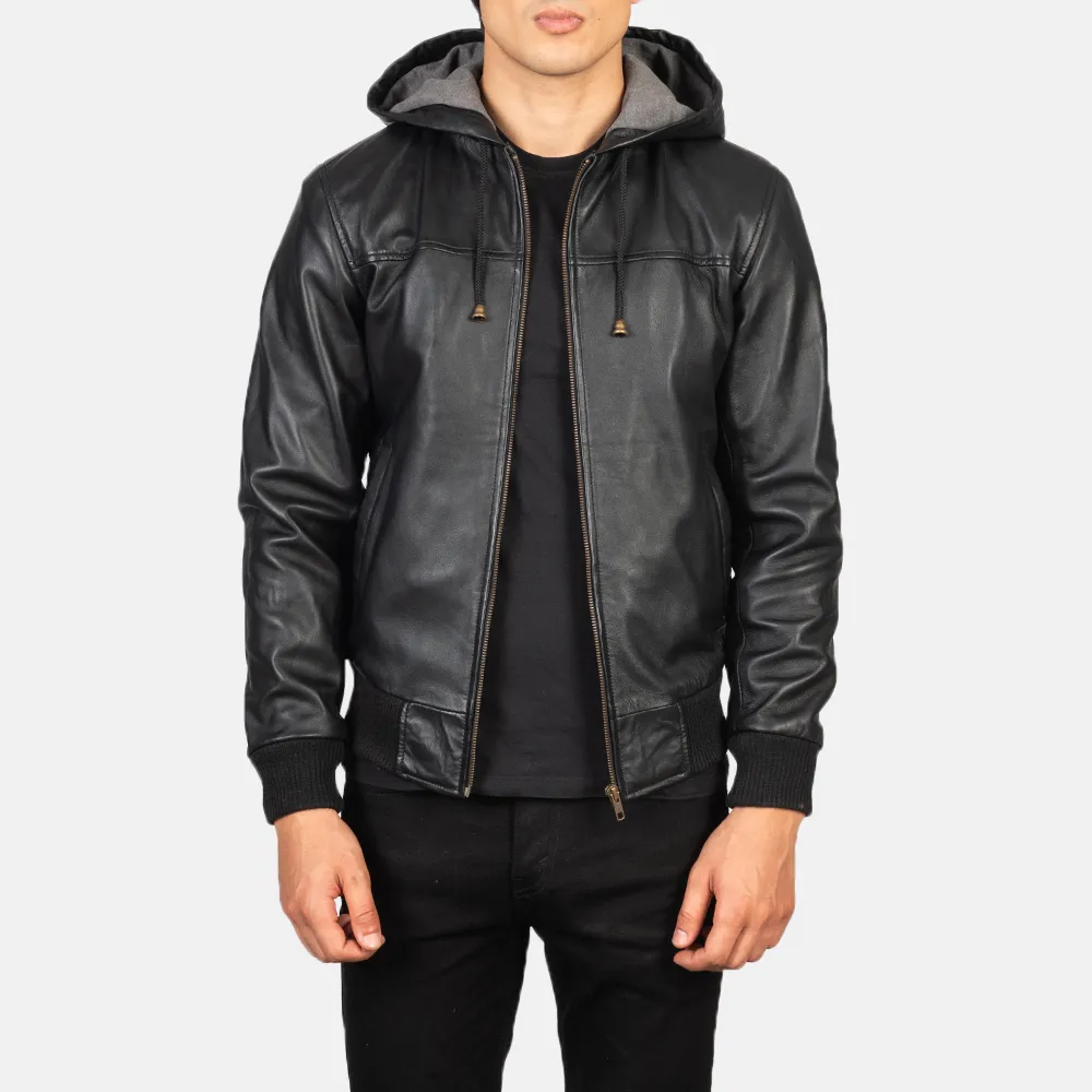 Nintenzo Black Hooded Leather Bomber Jacket-reviseleather