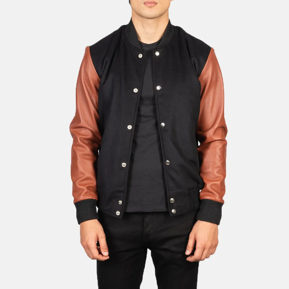 Vaxton Brown & Black Hybrid Varsity Jacket-reviseleather