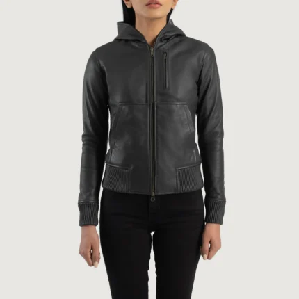 Luna Black Hooded Leather Bomber Jacket-reviseleather