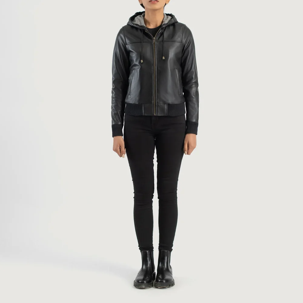 Rebella Black Hooded Leather Bomber Jacket-reviseleather