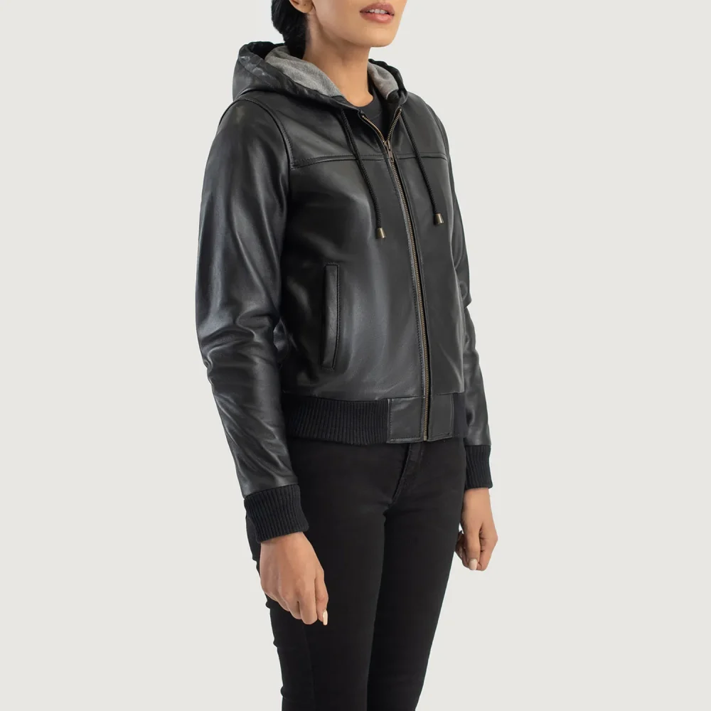 Rebella Black Hooded Leather Bomber Jacket-reviseleather
