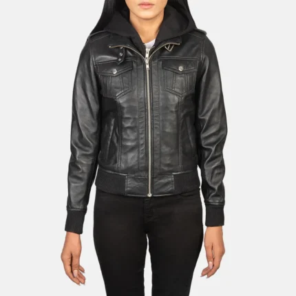 Roslyn Black Hooded Leather Bomber Jacket-reviseleather