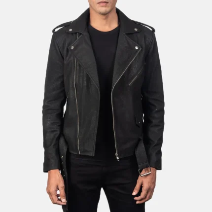 Distressed Black Leather Biker Jacket-reviseleather