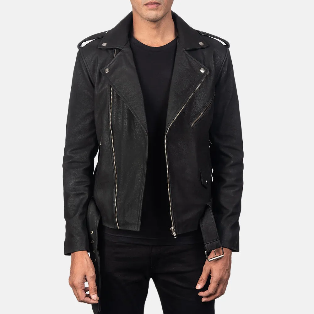 Distressed Black Leather Biker Jacket-reviseleather
