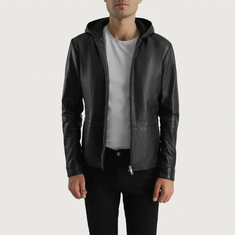 ANDY MATTE BLACK HOODED LEATHER JACKET-reviseleather