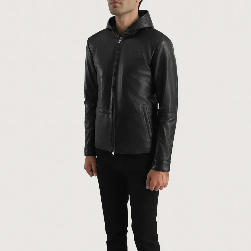 ANDY MATTE BLACK HOODED LEATHER JACKET-reviseleather