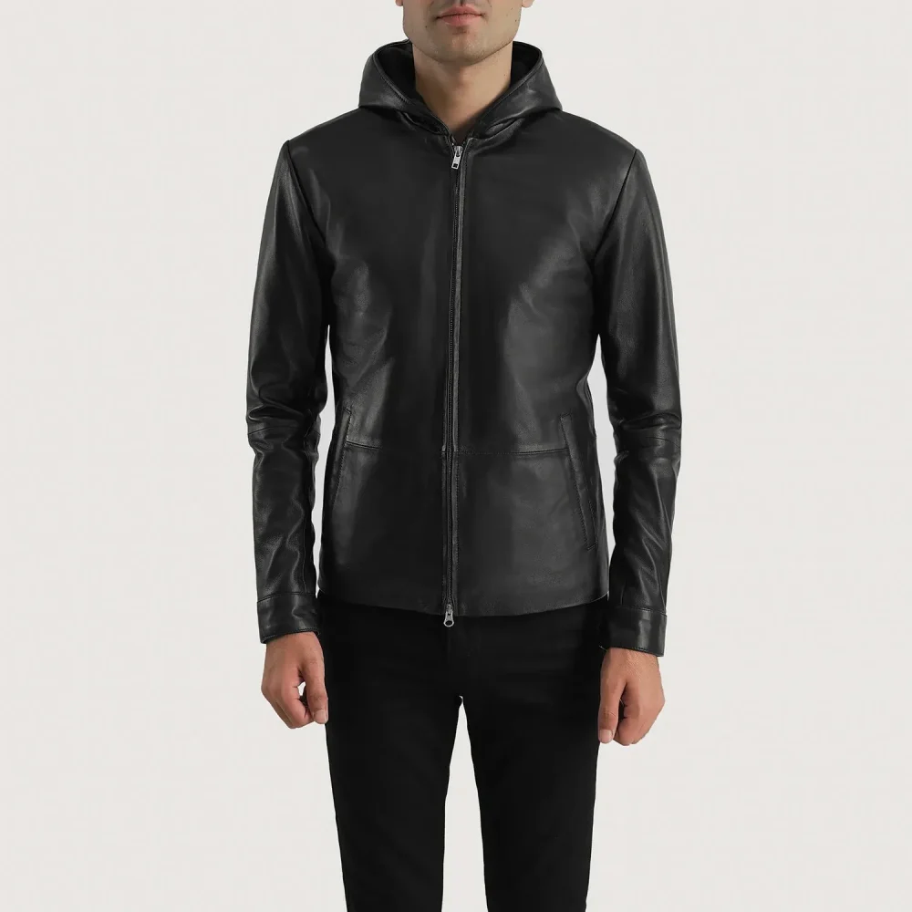 ANDY MATTE BLACK HOODED LEATHER JACKET-reviseleather