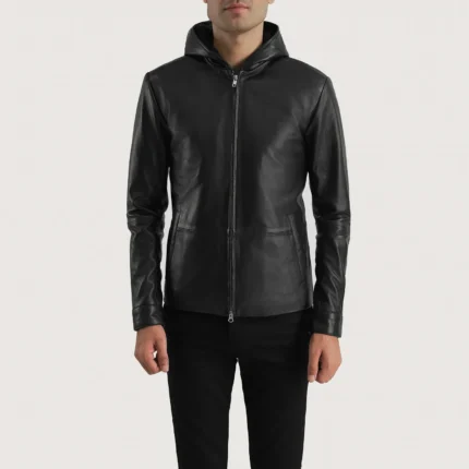 ANDY MATTE BLACK HOODED LEATHER JACKET-reviseleather