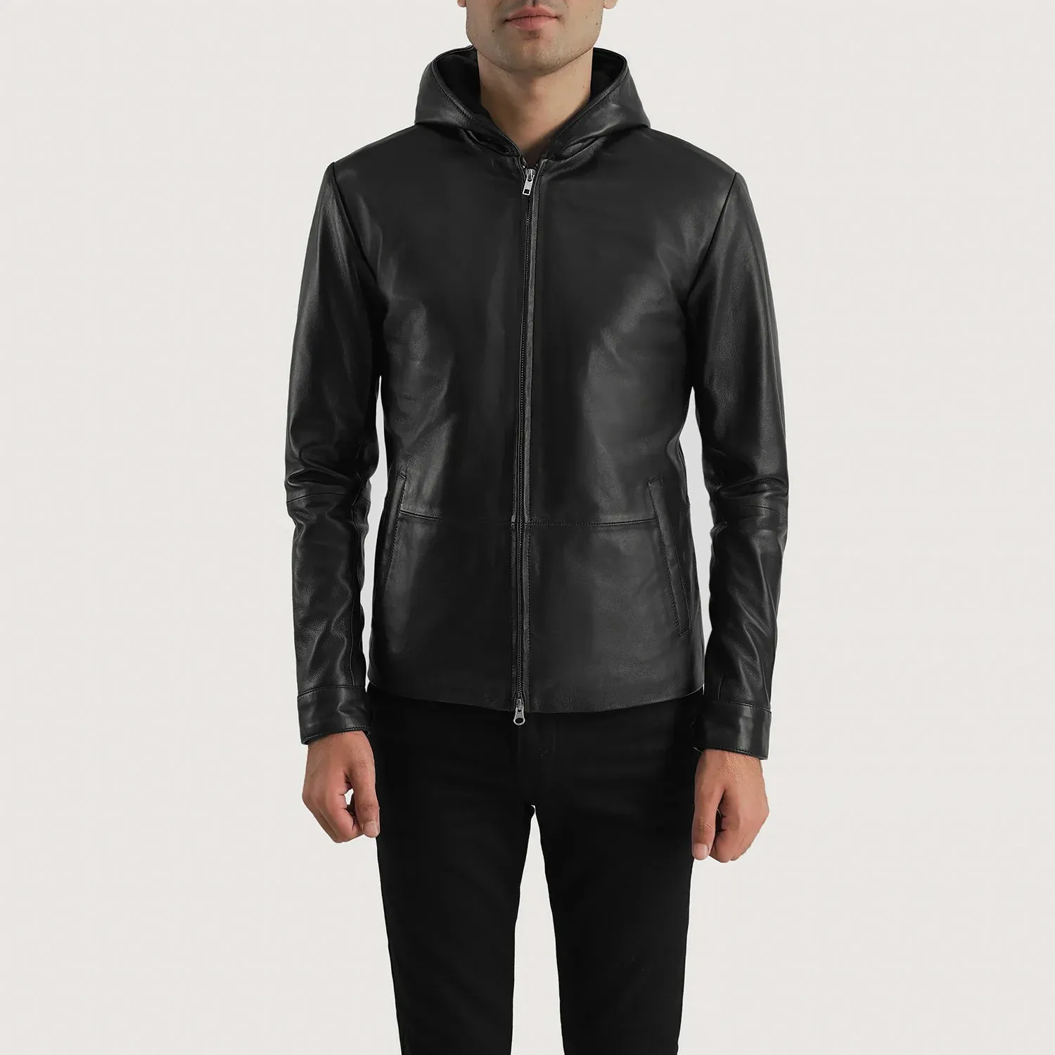 ANDY MATTE BLACK HOODED LEATHER JACKET-reviseleather