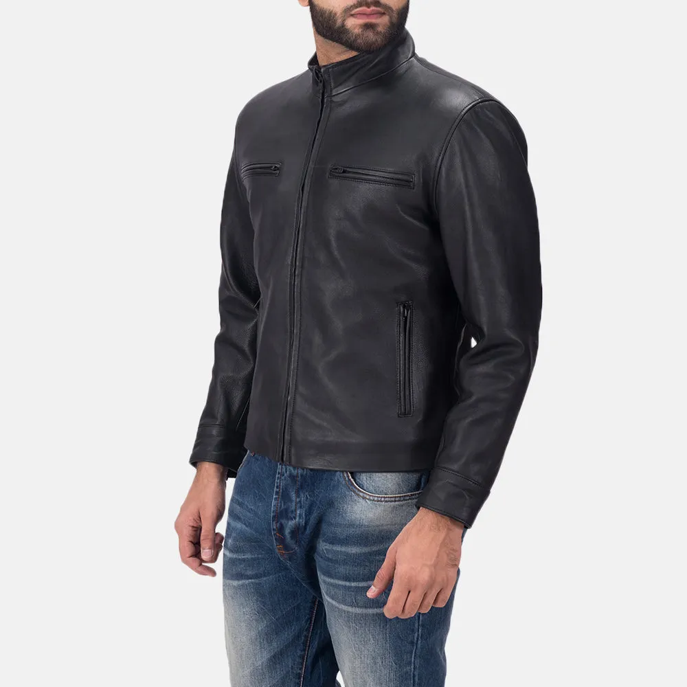 AUSTERE MATTE BLACK LEATHER BIKER JACKET - Image 3