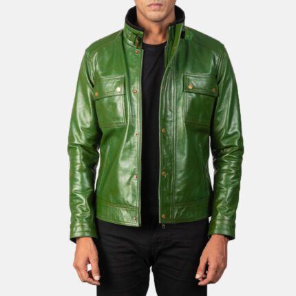 Darren Distressed Green Leather Biker Jacket-reviseleather