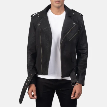 FURTON DISRESSED BLACK LEATHER BIKER JACKET-reviseleather