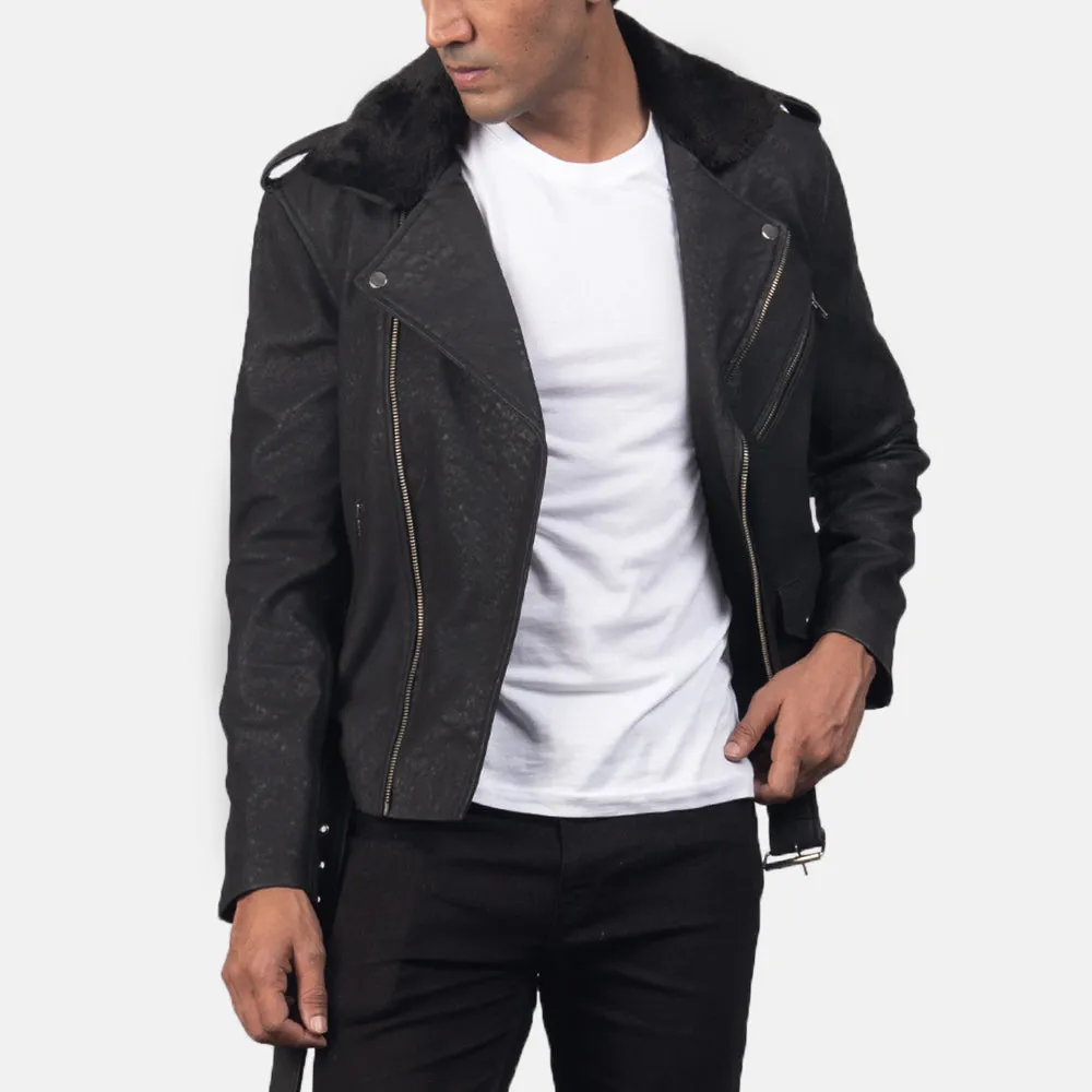 FURTON DISRESSED BLACK LEATHER BIKER JACKET-reviseleather