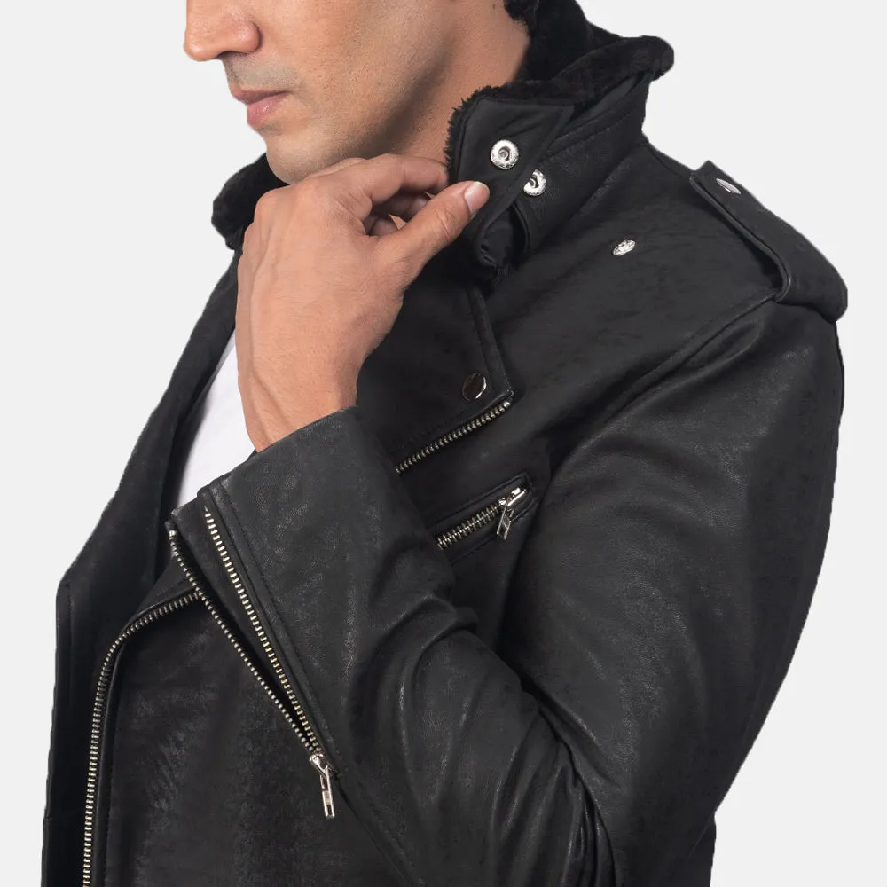 FURTON DISRESSED BLACK LEATHER BIKER JACKET-reviseleather