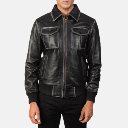 AARON BLACK LEATHER BOMBER JACKET-reviseleather