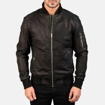 BOMIA MA-1 DISTRESSED BLACK LEATHER BOMBER JACKET