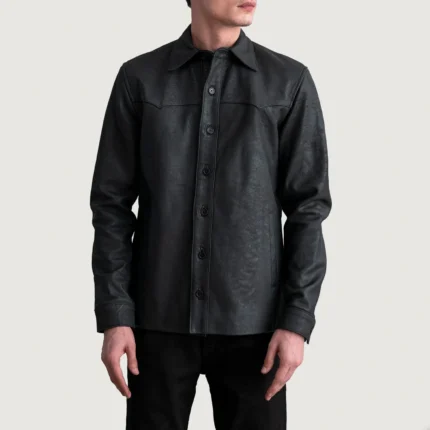 BRONCO TUMBLED BLACK LEATHER SHIRT-reviseleather