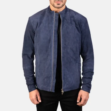 Charcoal Navy Blue Suede Biker Jacket-reviseleather