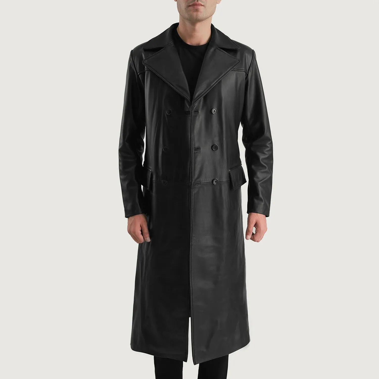 Delmar Black Leather Double Breasted Coat-reviseleather