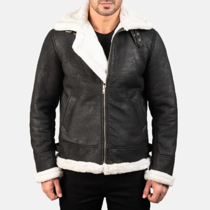 Francis B-3 Distressed Black Leather Bomber Jacket-reviseleather