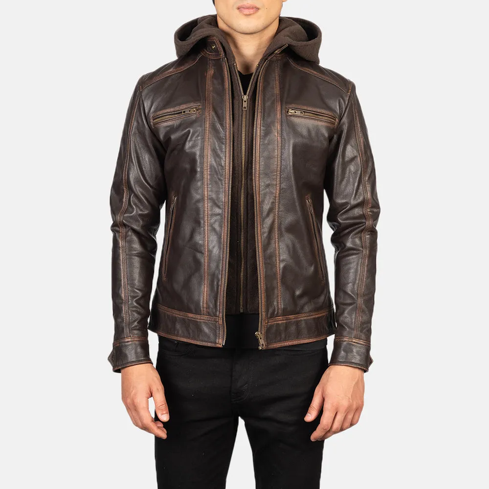 Hector Vintage Brown Hooded Leather Biker Jacket-reviseleather