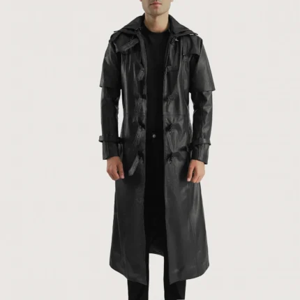 HUNTSMAN BLACK HOODED LEATHER TRENCH COAT-reviseleather