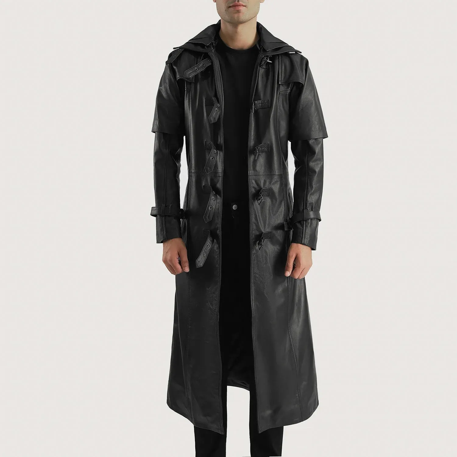 HUNTSMAN BLACK HOODED LEATHER TRENCH COAT-reviseleather