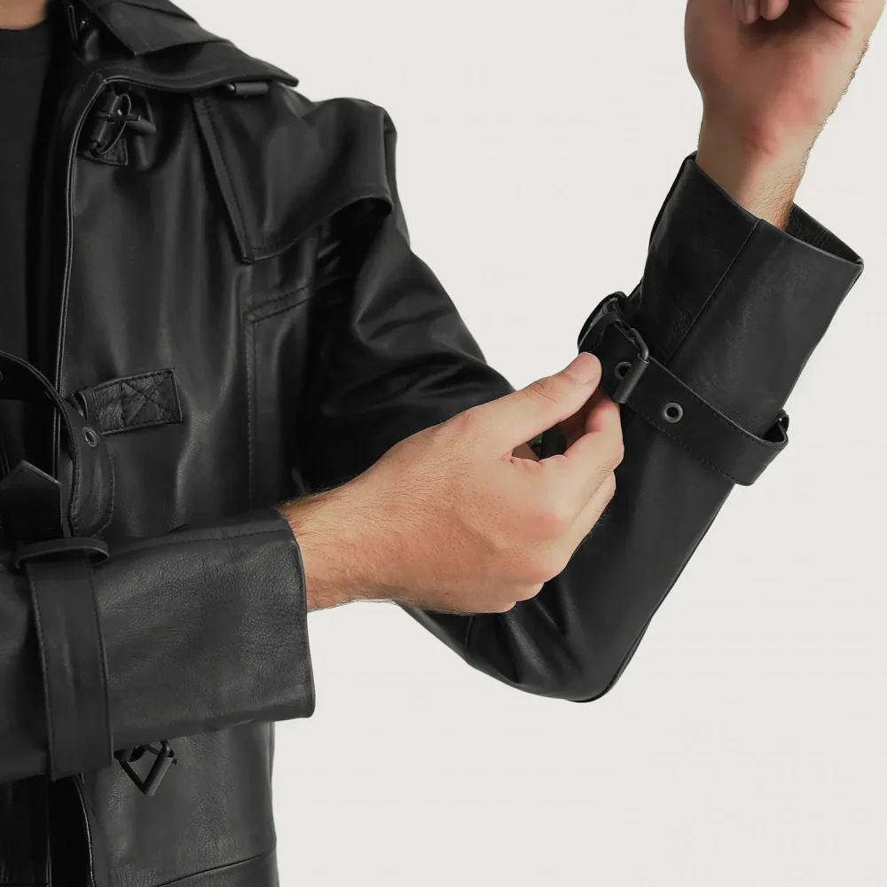 HUNTSMAN BLACK HOODED LEATHER TRENCH COAT-reviseleather