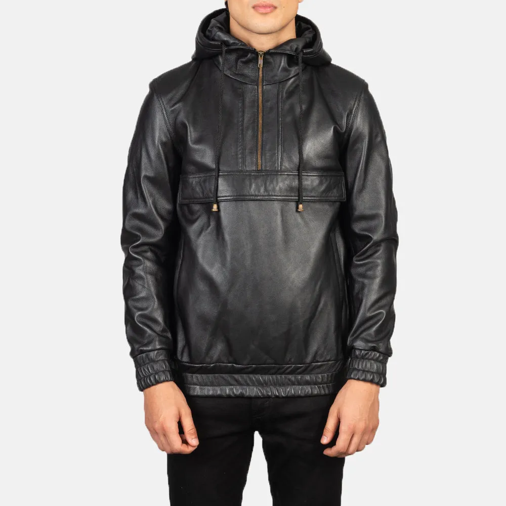 KENTON HOODED BLACK LEATHER PULLOVER JACKET-reviseleather