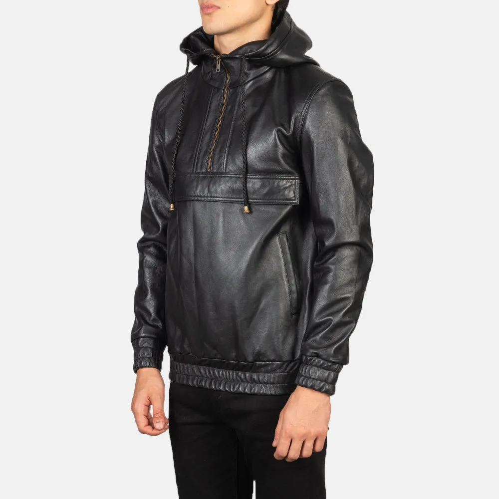KENTON HOODED BLACK LEATHER PULLOVER JACKET-reviseleather