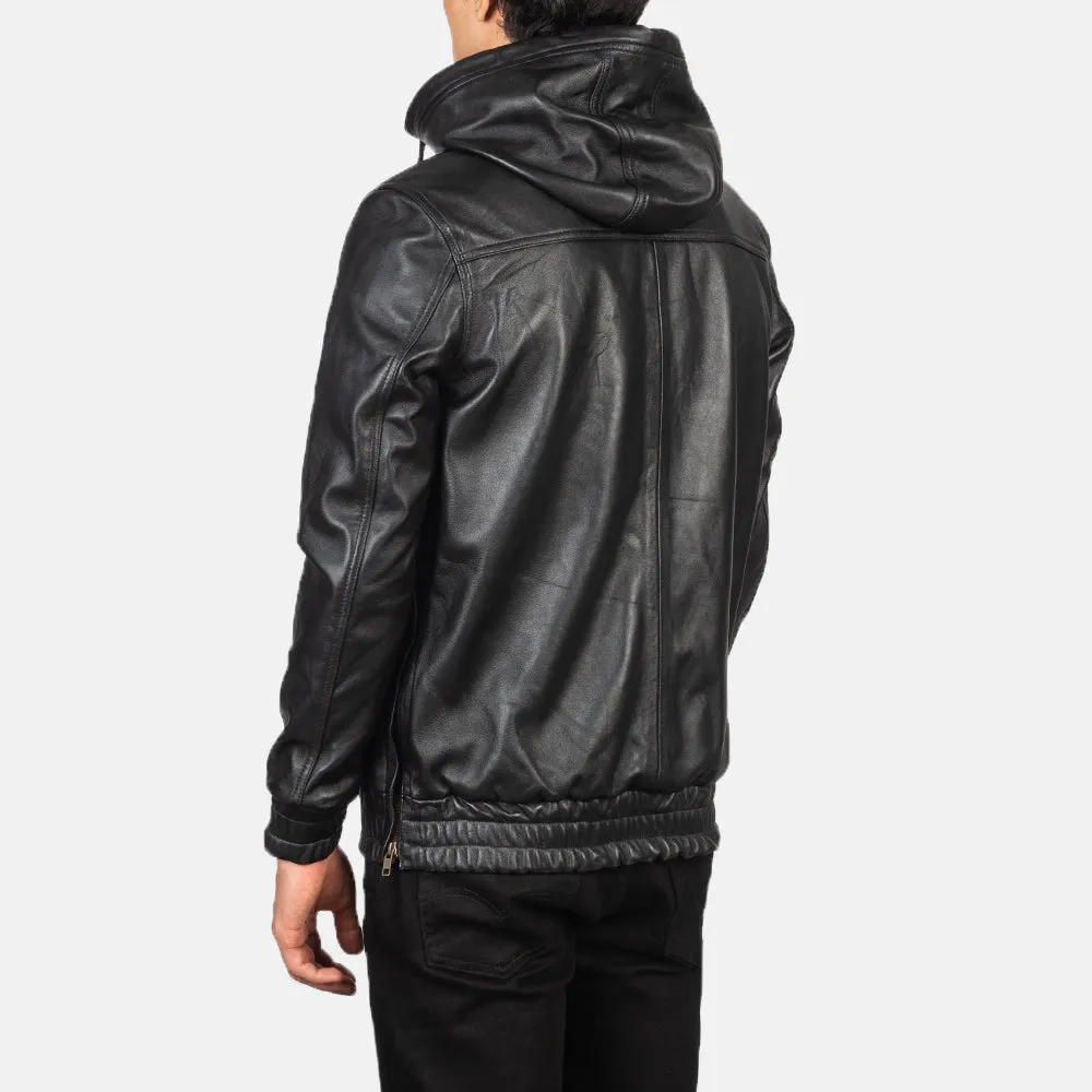 KENTON HOODED BLACK LEATHER PULLOVER JACKET-reviseleather