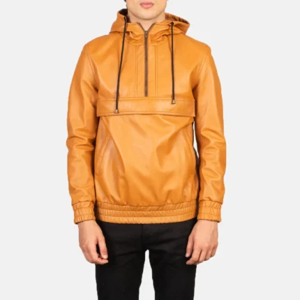 Kenton Hooded Brown Leather Pullover Jacket-reviseleather