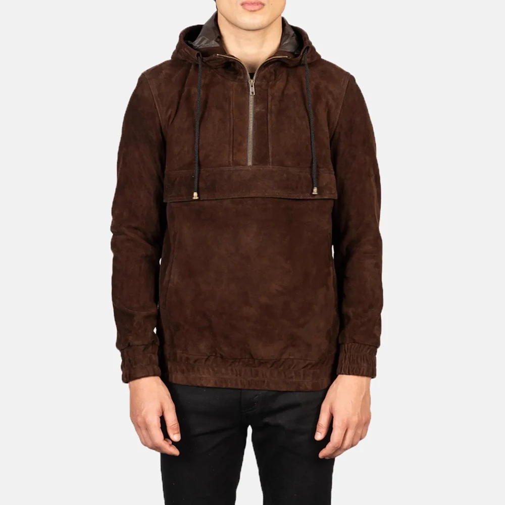 Kenton Hooded Mocha Suede Pullover Jacket-reviseleather