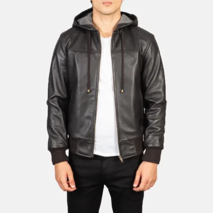 Nintenzo Brown Hooded Leather Bomber Jacket-reviseleather