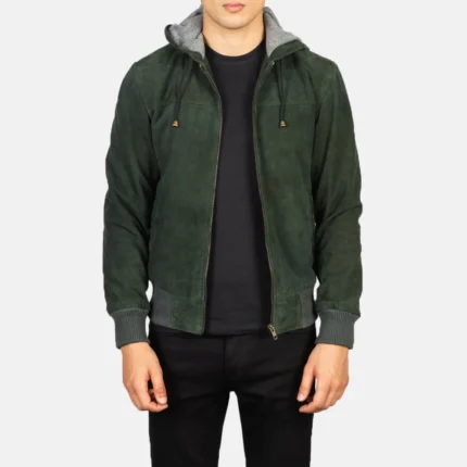 Nintenzo Green Hooded Suede Bomber Jacket-reviseleather