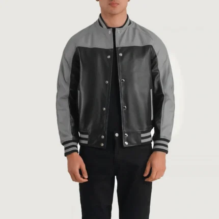 TERRANCE BLACK & GREY LEATHER VARSITY JACKET-reviseleather
