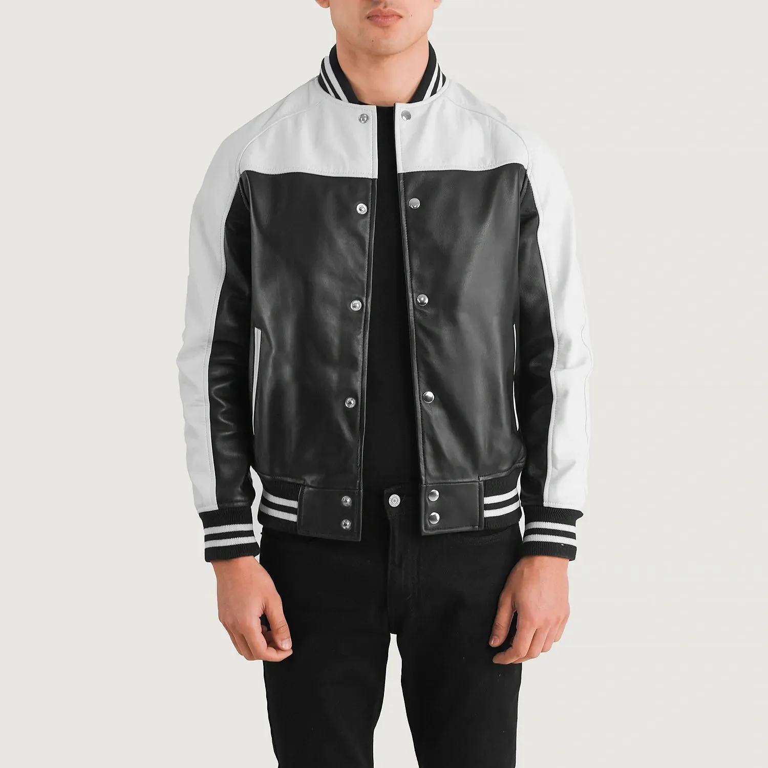 TERRANCE BLACK & WHITE LEATHER VARSITY JACKET - Image 3
