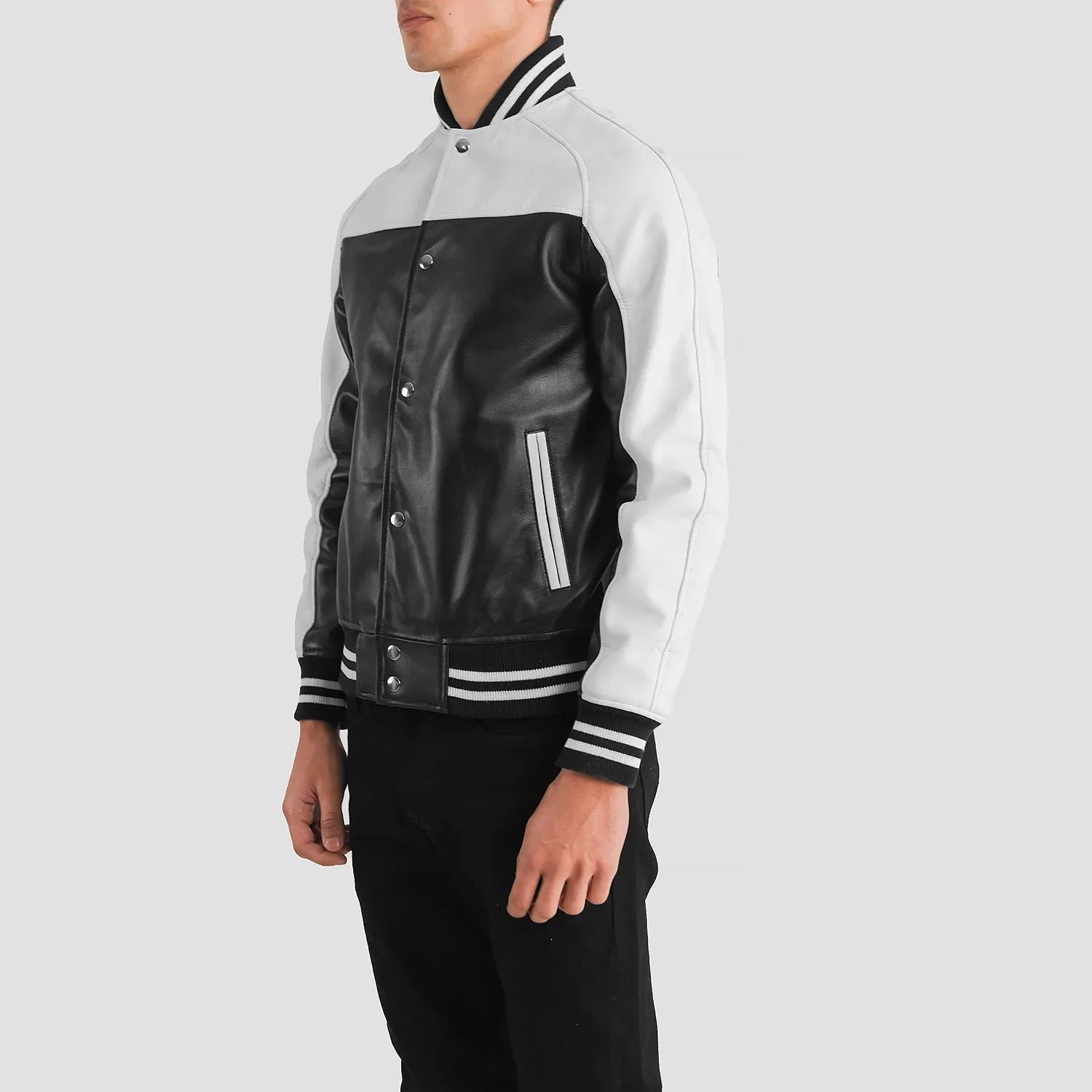 TERRANCE BLACK & WHITE LEATHER VARSITY JACKET - Image 4