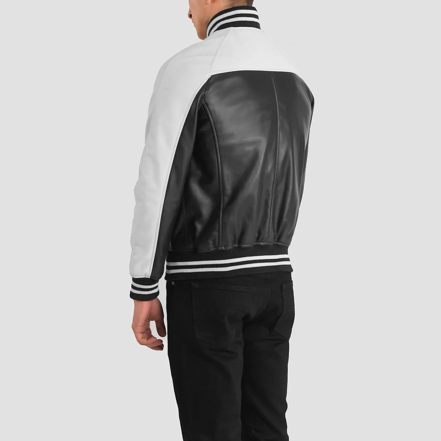 TERRANCE BLACK & WHITE LEATHER VARSITY JACKET - Image 5