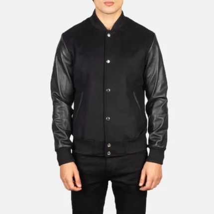 VAXTON BLACK HYBRID VARSITY JACKET-reviseleather