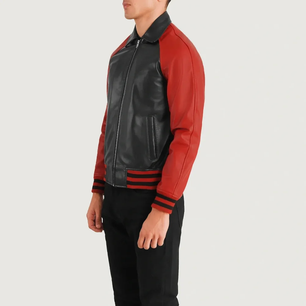 WALTON BLACK & RED LEATHER VARSITY JACKET-reviseleather