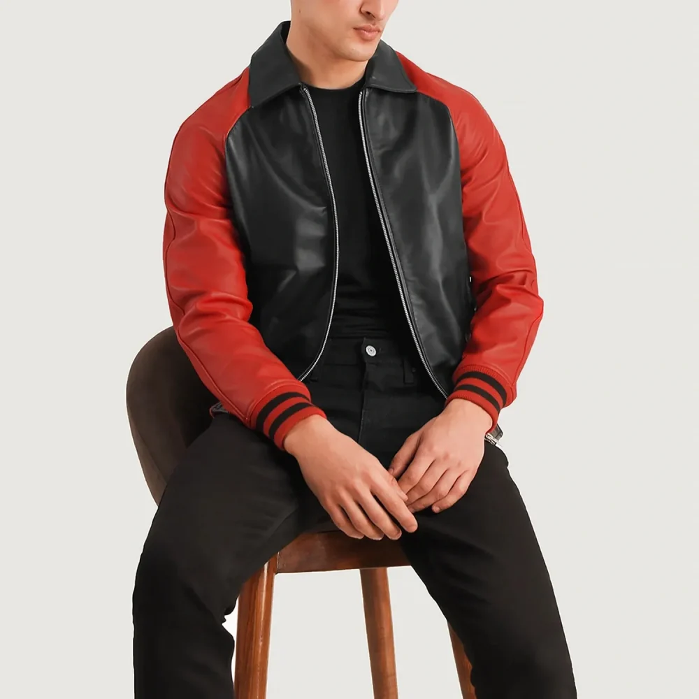 WALTON BLACK & RED LEATHER VARSITY JACKET-reviseleather